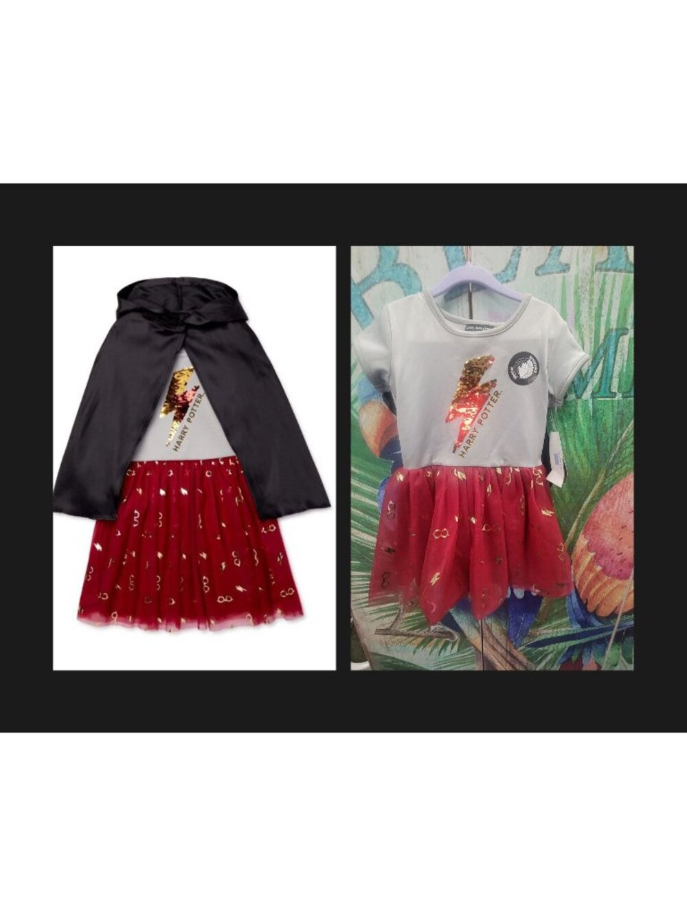 Harry Potter Girls Costume Dress & Cape Set XS 4/5 Gold Sequin Lightning Bolt Tu